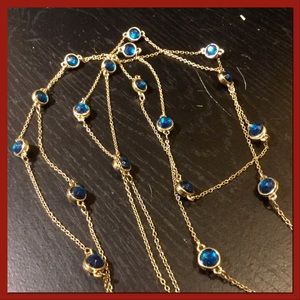 Goldtone Double Strand Necklace with Blue Crystals